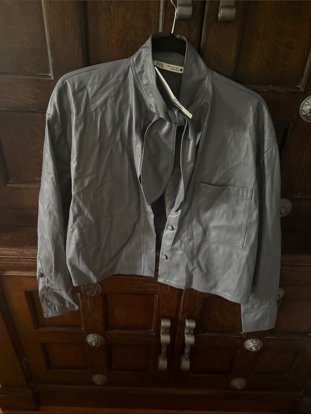 Zara Men’s Gray Leather Tie-Collar Shirt Jacket